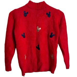 Super Soft Cozy Fuzzy Red Mickey Mouse Patch Long Sleeve Sweater XS FLAWED